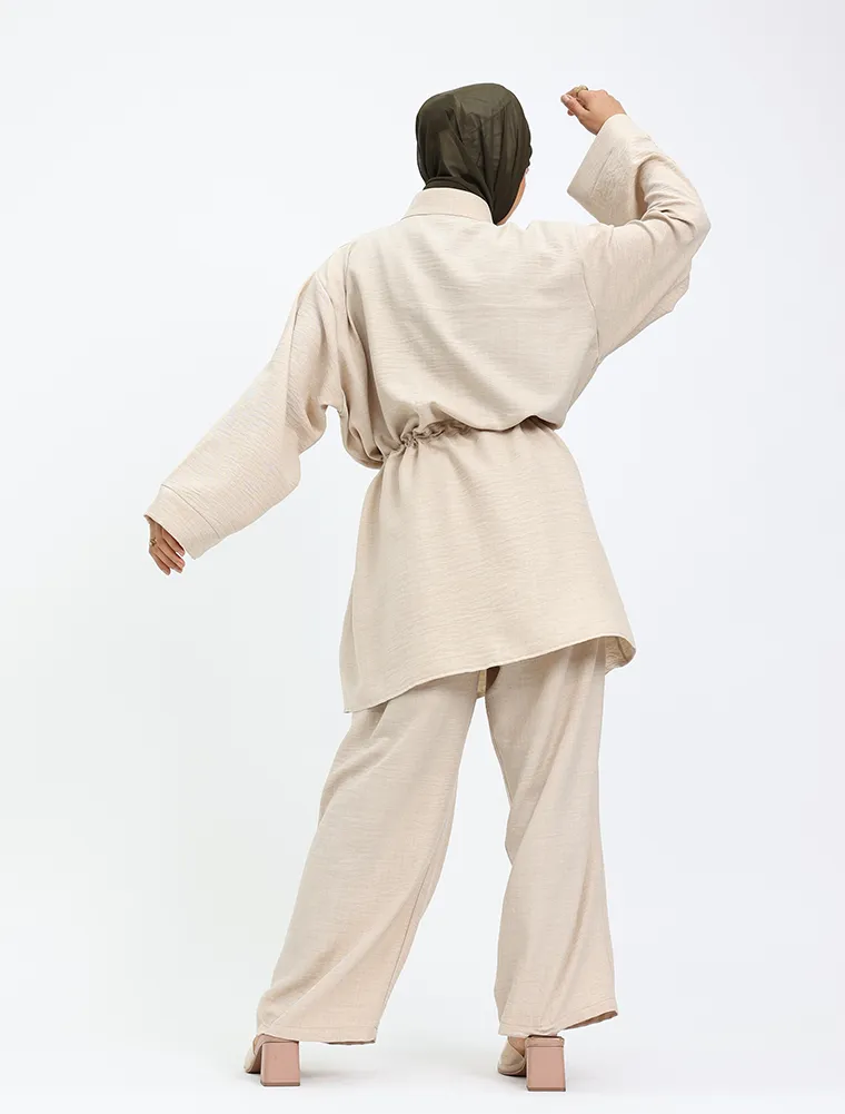 Beige Linen Feel Drawstring Co Ord Set